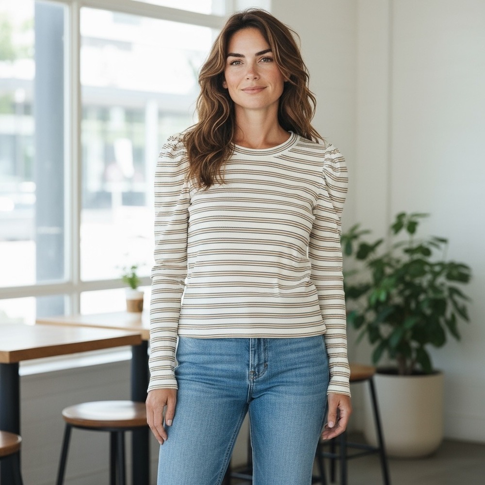 Veronica Beard Striped Long Sleeve Tee - Cream and Brown